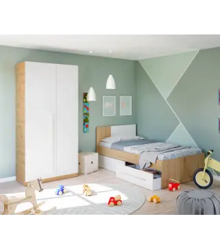 AMBIENT Cama juvenil con cabezal (SIN somier + 2 cajones)(para colchón de 190x90) Roble Nodi/Bl.Artik