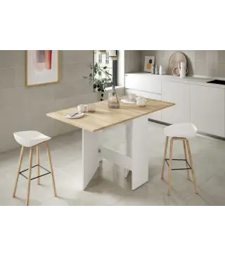 VOLARE Mesa cocina alas abatibles 31-140cm Roble Canadian/Blanco Artik