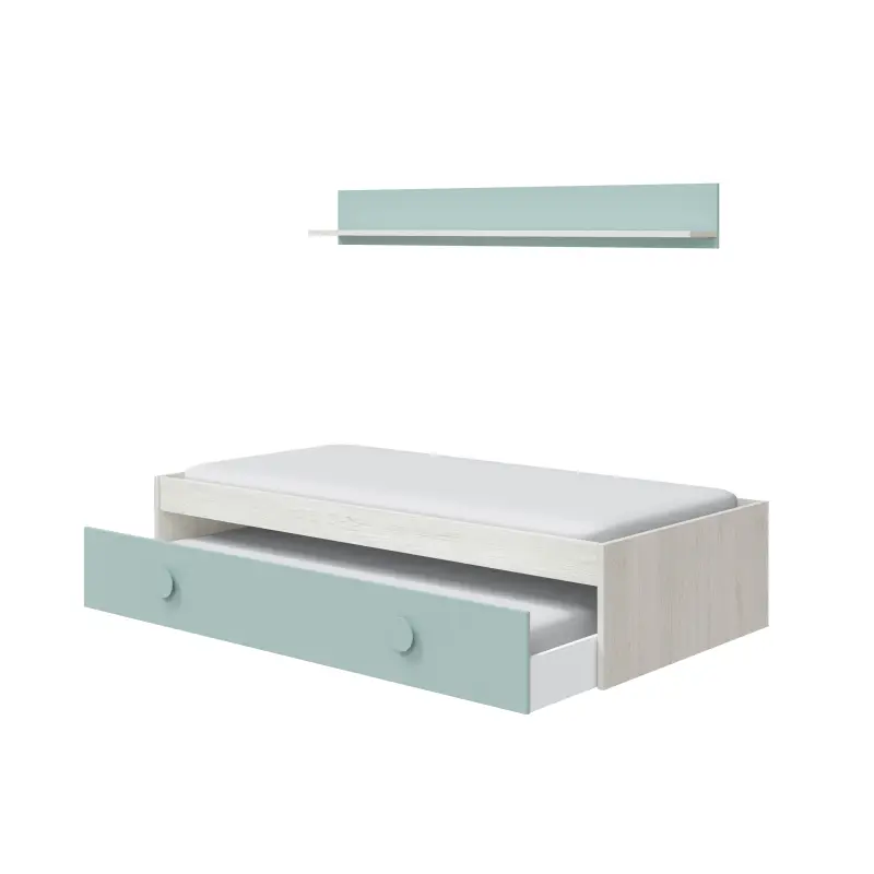 ENJOY Cama NIDO JUVENIL (SIN somier + 1 cajón-cama + ESTANTERIA)(camas 190x90) Blanco Alpes/Verde Acqua