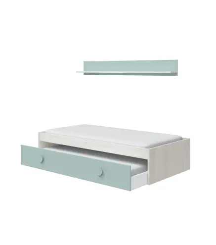ENJOY Cama NIDO JUVENIL (SIN somier + 1 cajón-cama + ESTANTERIA)(camas 190x90) Blanco Alpes/Verde Acqua