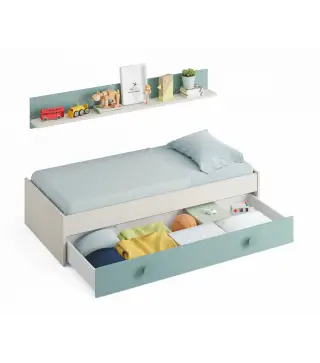 ENJOY Cama NIDO JUVENIL (SIN somier + 1 cajón-cama + ESTANTERIA)(camas 190x90) Blanco Alpes/Verde Acqua