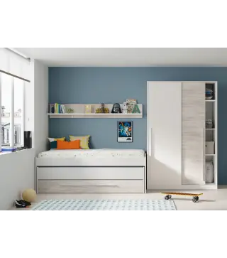 ELLIOT Cama doble SIN somier + 1 cajón + ESTANTE (colchones 190x90 - 180x90) Bl.Artik/Bl.Velho
