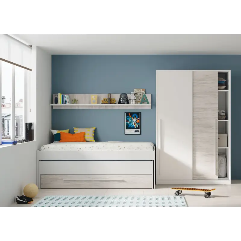 ELLIOT Cama doble SIN somier + 1 cajón + ESTANTE (colchones 190x90 - 180x90) Bl.Artik/Bl.Velho