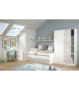 ELLIOT Cama doble SIN somier + 1 cajón + ESTANTE (colchones 190x90 - 180x90) Bl.Artik/Bl.Velho