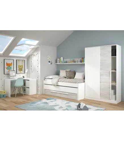 ELLIOT Cama doble SIN somier + 1 cajón + ESTANTE (colchones 190x90 - 180x90) Bl.Artik/Bl.Velho