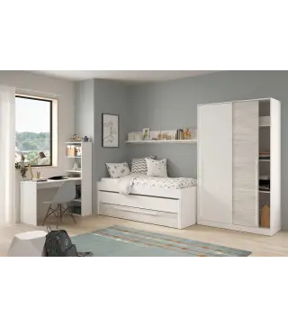 ELLIOT Cama doble SIN somier + 1 cajón + ESTANTE (colchones 190x90 - 180x90) Bl.Artik/Bl.Velho