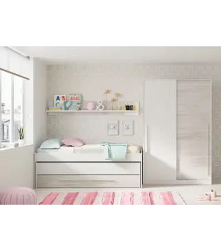 ELLIOT Cama doble SIN somier + 1 cajón + ESTANTE (colchones 190x90 - 180x90) Bl.Artik/Bl.Velho