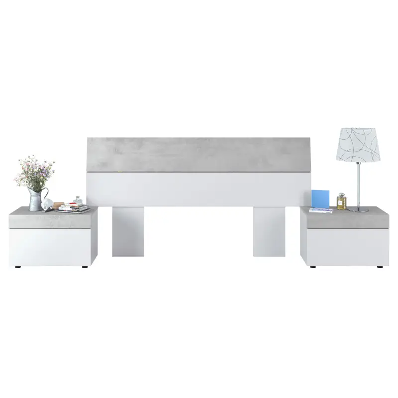 Cabezal + 2 mesitas 1 cajón Blanco Artik/Cemento