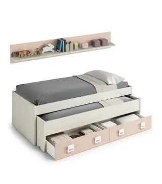 NUBE Cama doble SIN somier + 2 cajones + ESTANTE (colchones 190x90 - 180x90) Blanco Alpes/Rosa