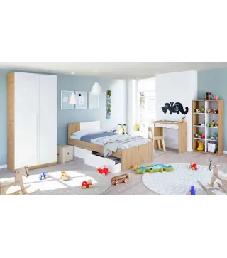 AMBIENT Cama juvenil con cabezal (SIN somier + 2 cajones)(para colchón de 190x90) Roble Nodi/Bl.Artik