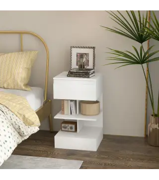 Mesilla de Noche con Cajón y 2 Estantes Abiertas para Dormitorio Salón Cama Oficina Estilo Moderno 39x39x65 cm Blanco