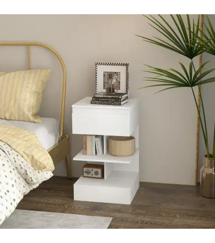 Mesilla de Noche con Cajón y 2 Estantes Abiertas para Dormitorio Salón Cama Oficina Estilo Moderno 39x39x65 cm Blanco