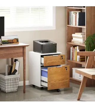 Mueble Archivador con Ruedas 2 Cajones Barra Colgante para Carpetas A4 y Carta Cerradura 42x40x60 cm Blanco y Natural