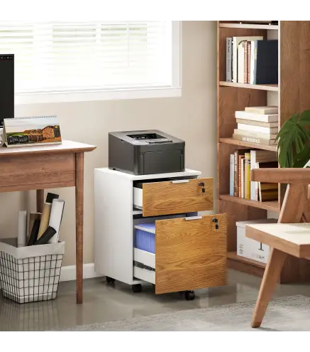 Mueble Archivador con Ruedas 2 Cajones Barra Colgante para Carpetas A4 y Carta Cerradura 42x40x60 cm Blanco y Natural