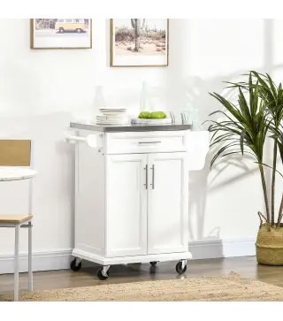 Mueble Auxiliar de Cocina Moderno con 4 Ruedas 1 Cajón 1 Toallero Especiero y Estante Ajustable 83,5x45,7x90,5 cm Blanco