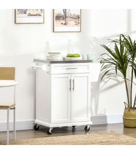 Mueble Auxiliar de Cocina Moderno con 4 Ruedas 1 Cajón 1 Toallero Especiero y Estante Ajustable 83,5x45,7x90,5 cm Blanco