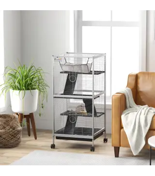 Jaula para Animales Pequeños con Ruedas 2 Puertas 3 Rampas Hamaca Colgante y Bandeja Extraíble 52x52x113,5cm Gris