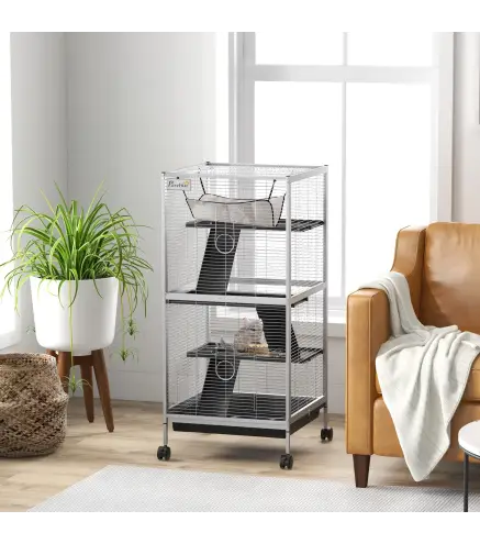 Jaula para Animales Pequeños con Ruedas 2 Puertas 3 Rampas Hamaca Colgante y Bandeja Extraíble 52x52x113,5cm Gris