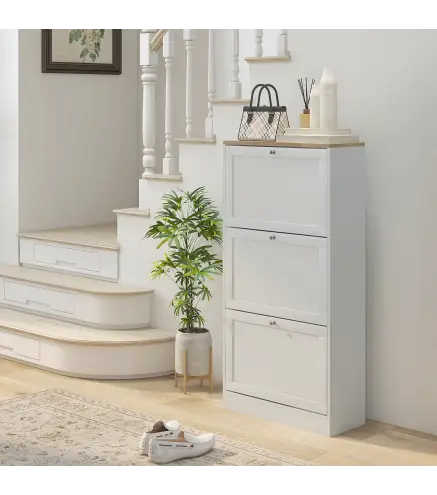 Mueble Zapatero Moderno con 3 Cajones Abatibles y Estantes Ajustables para 18 Pares de Zapatos 60x23,5x115 cm Blanco