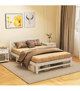 Marco de Cama de Madera 195x141 cm Estructura de Cama Doble para Colchón de 135x190 cm (no incluido) Carga 300 kg Blanco