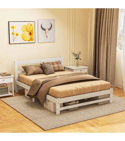 Marco de Cama de Madera 195x141 cm Estructura de Cama Doble para Colchón de 135x190 cm (no incluido) Carga 300 kg Blanco