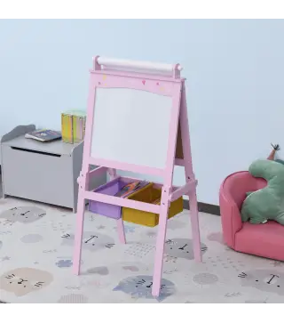 Pizarra de Doble Cara Caballete para Niños con Rollo de Papel y 2 Cestas de Almacenamiento 58,5x50,5x118 cm Rosa
