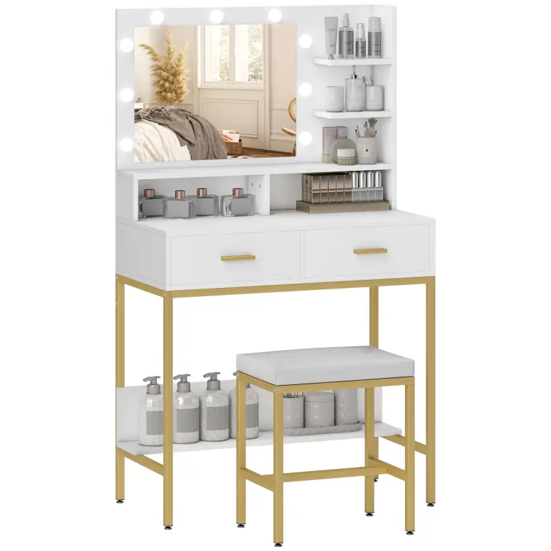 Tocador de Maquillaje con Luz y Taburete Mesa de Maquillaje con 2 Cajones y Estantes de Almacenamiento Blanco