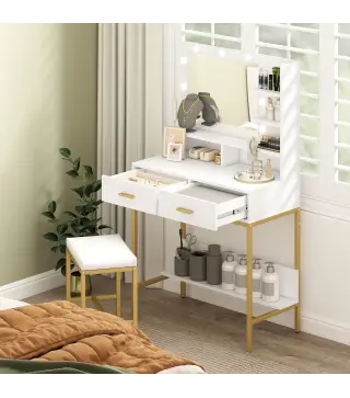 Tocador de Maquillaje con Luz y Taburete Mesa de Maquillaje con 2 Cajones y Estantes de Almacenamiento Blanco