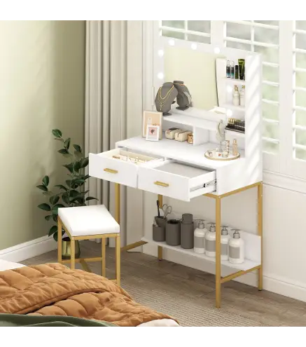 Tocador de Maquillaje con Luz y Taburete Mesa de Maquillaje con 2 Cajones y Estantes de Almacenamiento Blanco