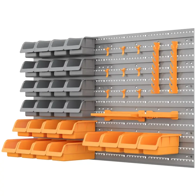 Estantería de Pared para Herramientas 95x54 cm con 28 Cajas Apilables y Diferentes Ganchos Gris y Naranja