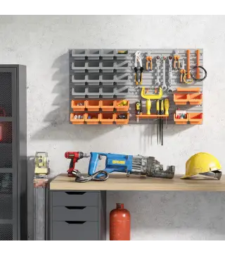 Estantería de Pared para Herramientas 95x54 cm con 28 Cajas Apilables y Diferentes Ganchos Gris y Naranja