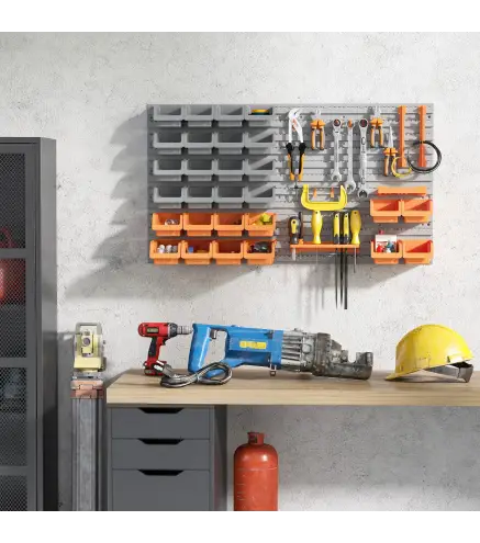 Estantería de Pared para Herramientas 95x54 cm con 28 Cajas Apilables y Diferentes Ganchos Gris y Naranja