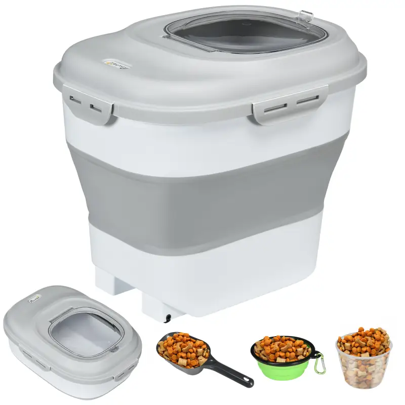 Contenedor de Comida para Perros 25L con Ruedas Taza Medidora Cuenco Plegable y Cuchara Gris
