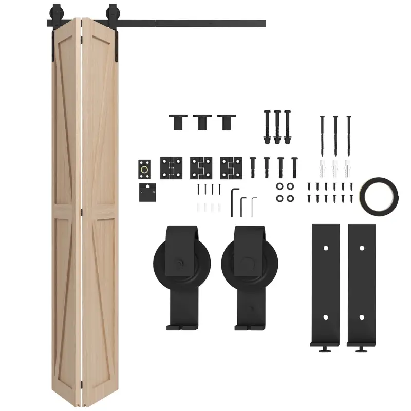 4FT/122CM Herrajes para Puerta Corredera Plegable para 2 Puertas con Riel para Granero Negro