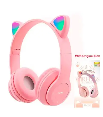 CASCOS AURICULARES OREJAS INALÁMBRICOS ROSA+CAJA