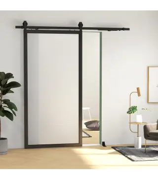 6,6FT/200cm Kit de Accesorios para Puerta Corrediza con Amortiguador sin Perforación y 2 Rieles para Granero Negro