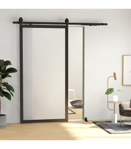 6,6FT/200cm Kit de Accesorios para Puerta Corrediza con Amortiguador sin Perforación y 2 Rieles para Granero Negro