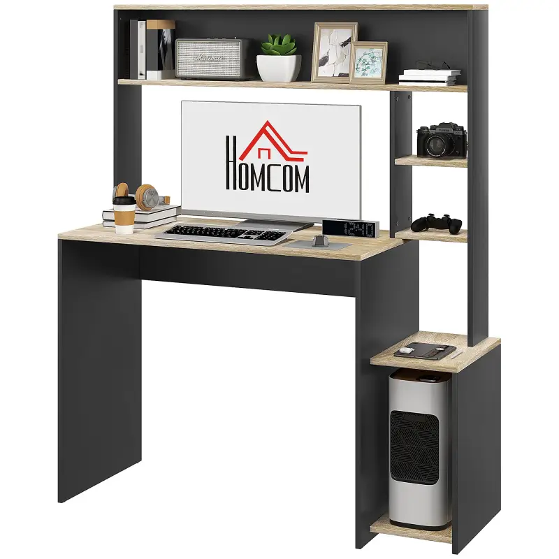 Mesa de Ordenador con Estantes Escritorio con Estanterías Soporte para Monitor CPU 114x45x138 cm Gris y Natural