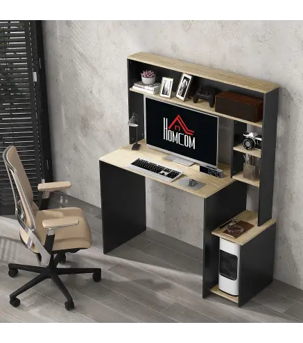 Mesa de Ordenador con Estantes Escritorio con Estanterías Soporte para Monitor CPU 114x45x138 cm Gris y Natural