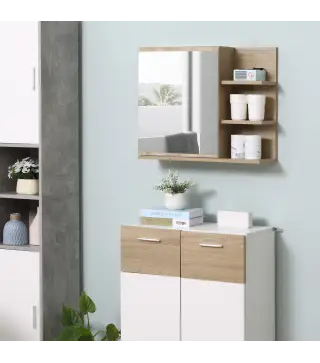 Armario con Espejo para Baño con 3 Estantes Abiertos y 1 Estante Interior Estilo Moderno 60x18x50 cm Natural