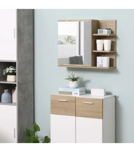 Armario con Espejo para Baño con 3 Estantes Abiertos y 1 Estante Interior Estilo Moderno 60x18x50 cm Natural
