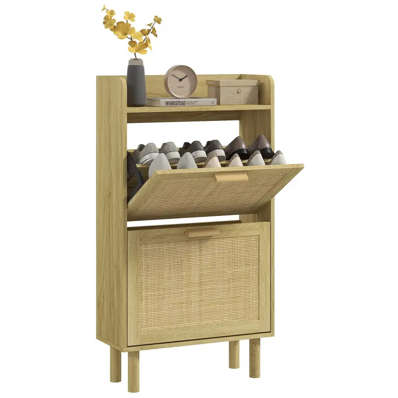 Mueble Zapatero Estilo Bohemio con 2 Cajones Abatibles y 1 Estante Abierto para 18 Pares de Zapatos 80x24,5x110 cm Roble
