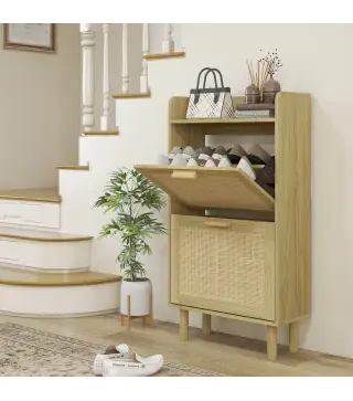 Mueble Zapatero Estilo Bohemio con 2 Cajones Abatibles y 1 Estante Abierto para 18 Pares de Zapatos 80x24,5x110 cm Roble