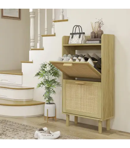 Mueble Zapatero Estilo Bohemio con 2 Cajones Abatibles y 1 Estante Abierto para 18 Pares de Zapatos 80x24,5x110 cm Roble