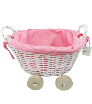 CESTA DE MIMBRE EN FORMA DE CARRITO ROSA