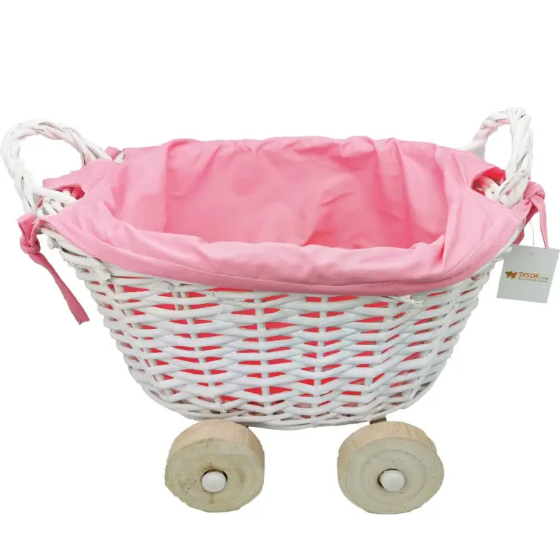 CESTA DE MIMBRE EN FORMA DE CARRITO ROSA