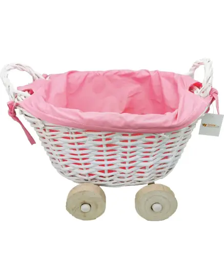 CESTA DE MIMBRE EN FORMA DE CARRITO ROSA