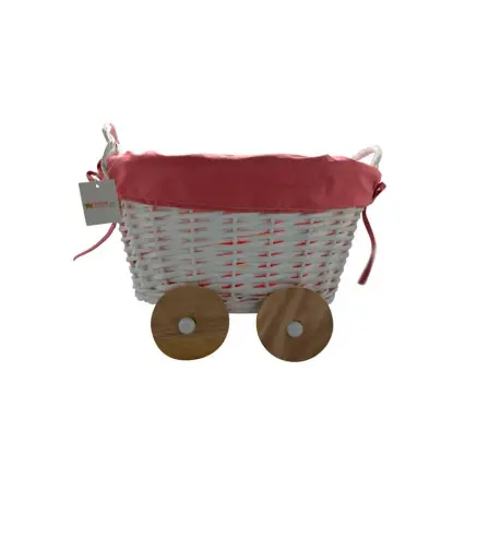 CESTA DE MIMBRE EN FORMA DE CARRITO ROSA
