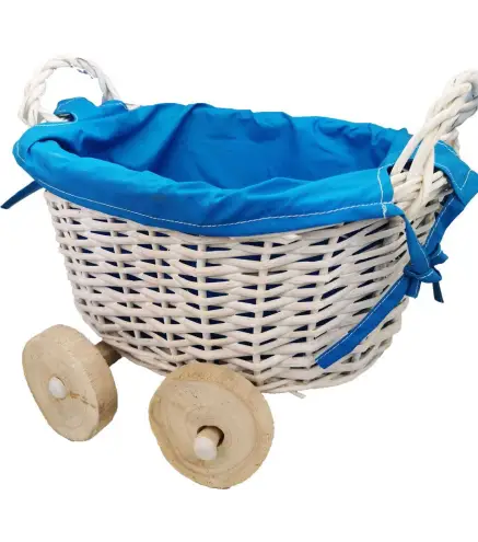 CESTA DE MIMBRE EN FORMA DE CARRITO AZUL