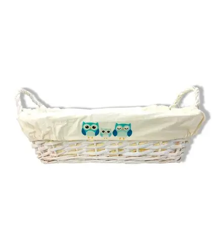 CESTA RECTANGULAR MIMBRE BLANCA BUHO AZUL
